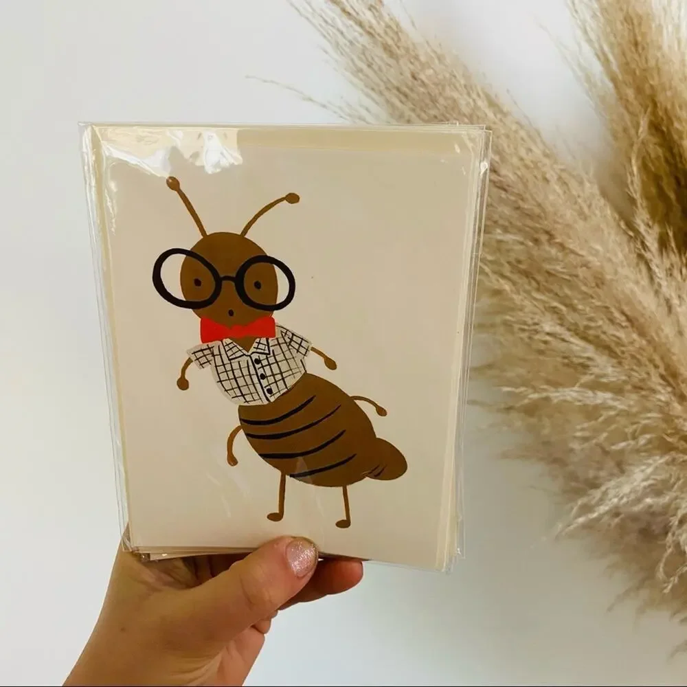 NEW ANTHROPOLOGIE Cricket Cartoon Illustrated Tan Cream Blank Greeting Card s/4